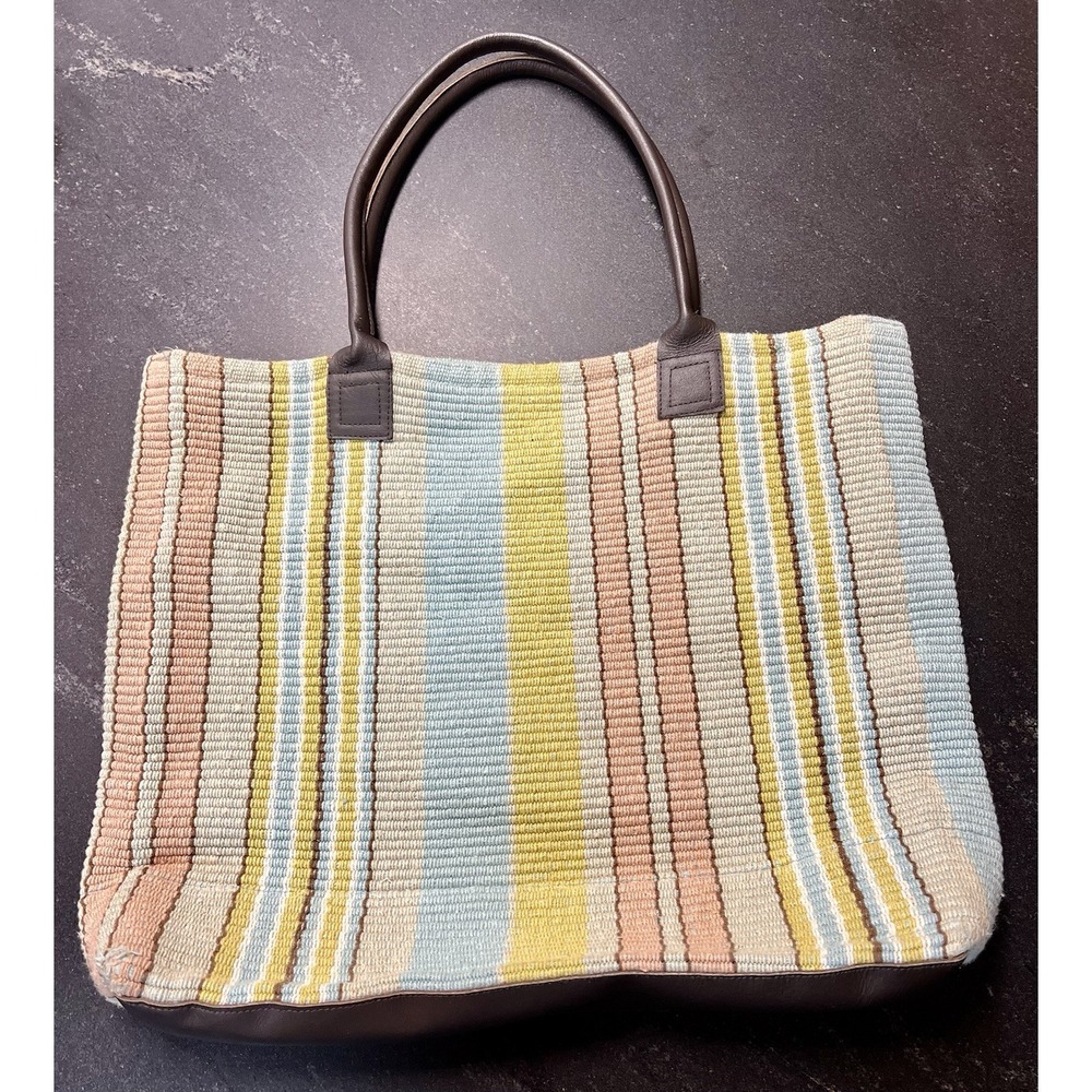 TOTE handbag DASH & ALBERT Blue & Green Stripe 20'' x 16'' Leather Handles